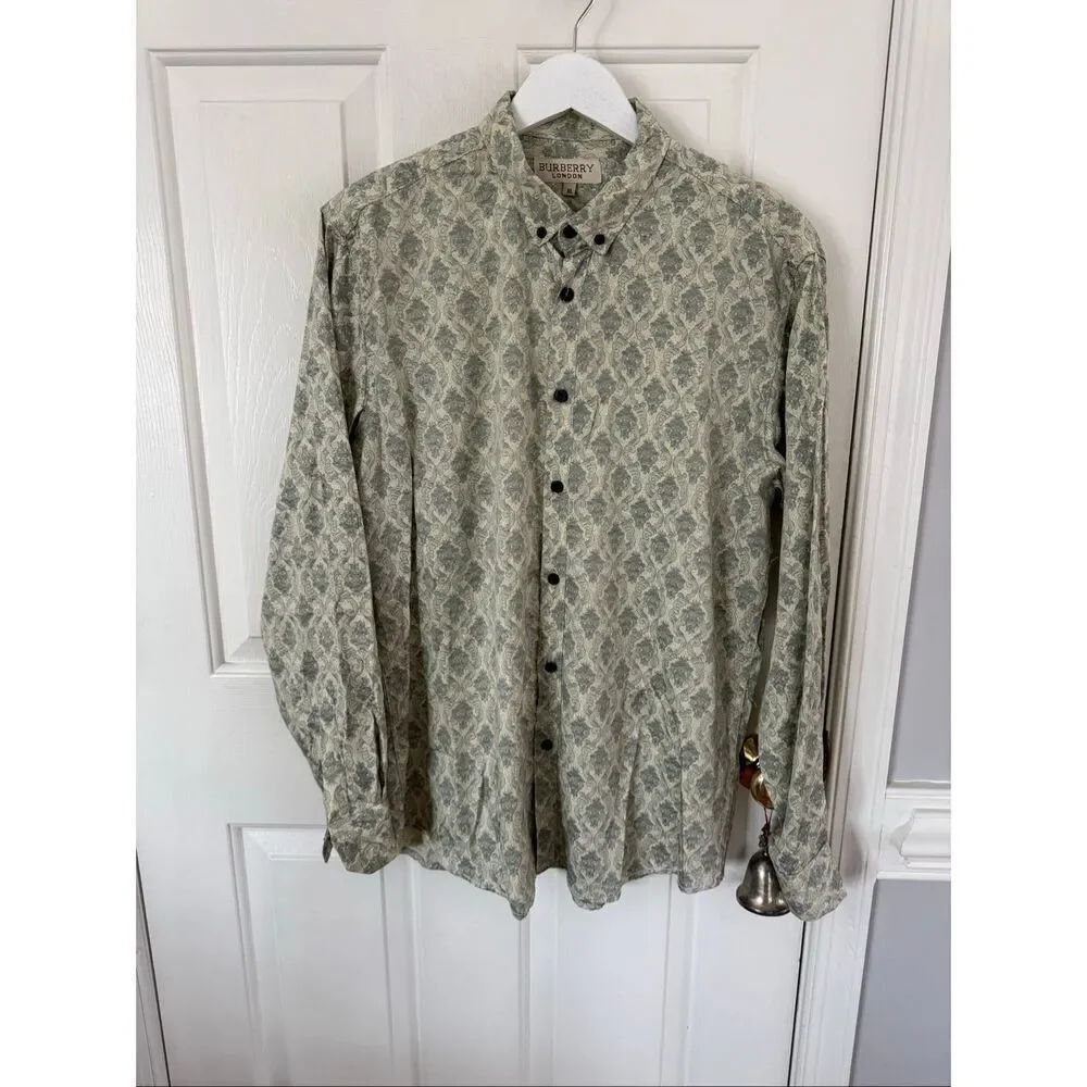 Burberry London Men’s Cream & Green Scroll Print Button Up Shirt sz XL